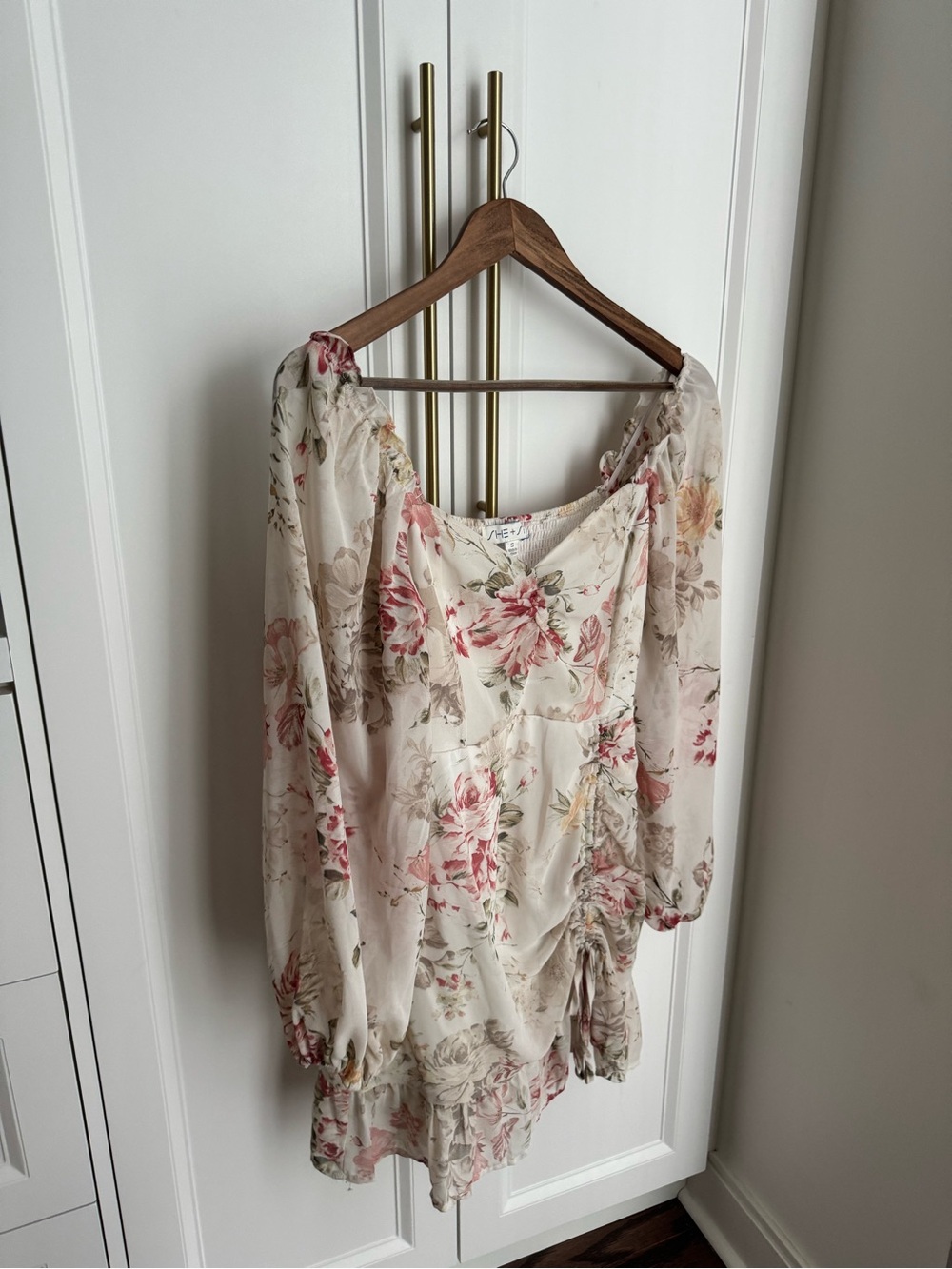 Floral Ivory Peasant dress with Pink Rose Print